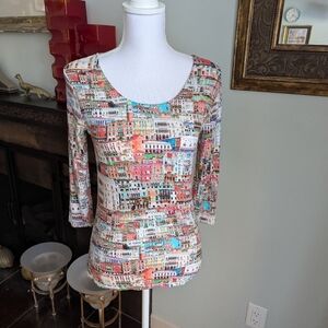 Y2K 2000s Look Digital Venice Italy 3/4Sleeve Fitted Shirt Wms Small Colorful 84